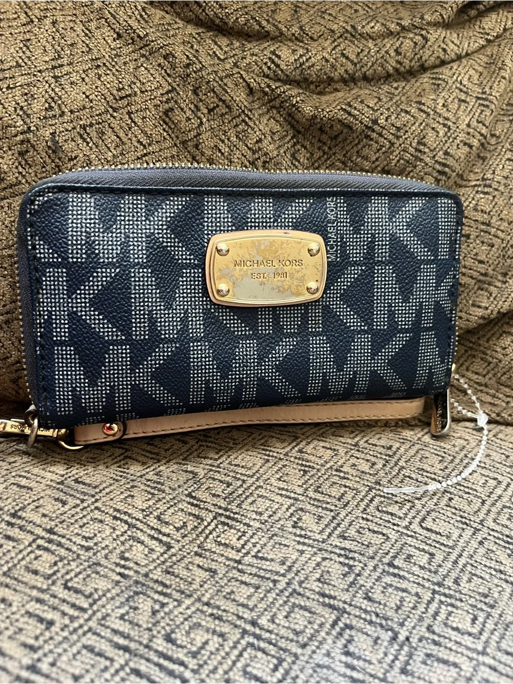 Michael Kors Blue MK Monogram Zip Wallet with Gold Plate